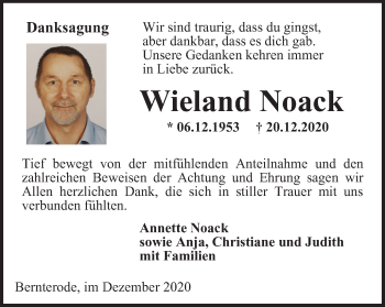 Traueranzeige von Wieland Noack von Thüringer Allgemeine
