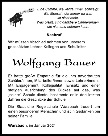 Traueranzeige von Wolfgang Bauer von Ostthüringer Zeitung