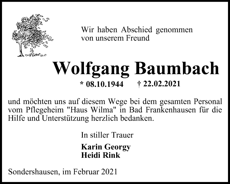  Traueranzeige für Wolfgang Baumbach vom 27.02.2021 aus Thüringer Allgemeine