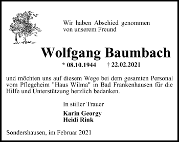 Traueranzeige von Wolfgang Baumbach