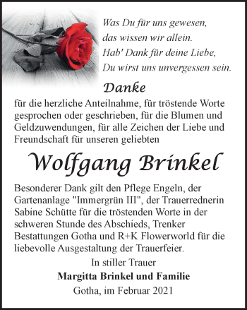 Traueranzeige von Wolfgang Brinkel von Thüringer Allgemeine, Thüringische Landeszeitung