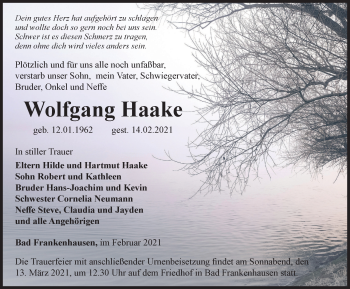 Traueranzeige von Wolfgang Haake von Thüringer Allgemeine