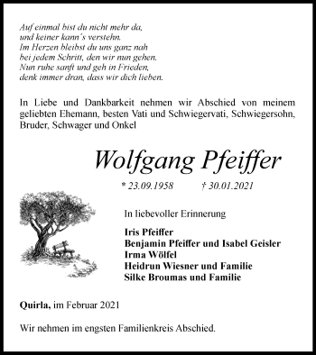 Traueranzeige von Wolfgang Pfeiffer von Ostthüringer Zeitung