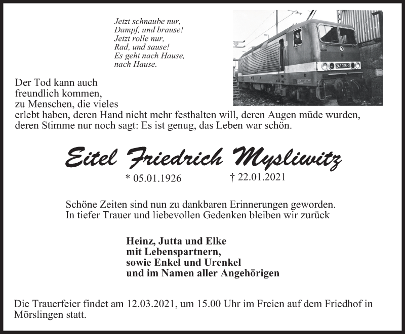  Traueranzeige für Eitel Friedrich Mysliwitz vom 13.02.2021 aus Thüringer Allgemeine