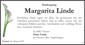 Traueranzeige von Margarita Linde von Thüringer Allgemeine