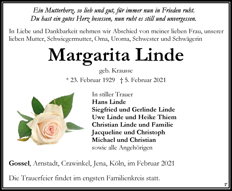  Traueranzeige für Margarita Linde vom 13.02.2021 aus Thüringer Allgemeine
