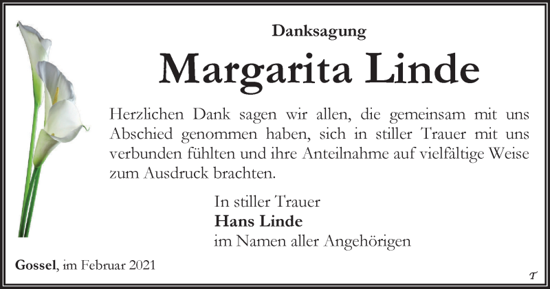  Traueranzeige für Margarita Linde vom 27.02.2021 aus Thüringer Allgemeine