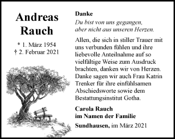 Traueranzeige von Andreas Rauch von Thüringer Allgemeine, Thüringische Landeszeitung