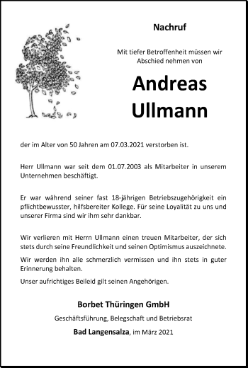 Traueranzeige von Andreas Ullmann von Thüringer Allgemeine, Thüringische Landeszeitung