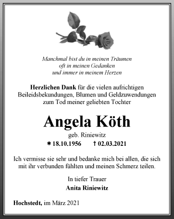 Traueranzeige von Angela Köth von Thüringer Allgemeine, Thüringische Landeszeitung