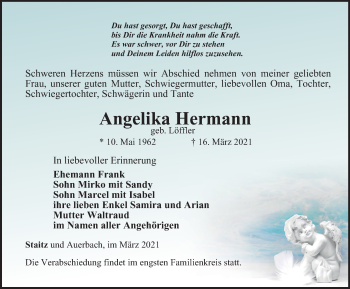 Traueranzeige von Angelika Hermann von Ostthüringer Zeitung