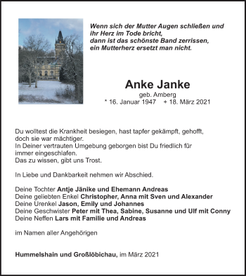 Traueranzeige von Anke Janke von Ostthüringer Zeitung, Thüringische Landeszeitung