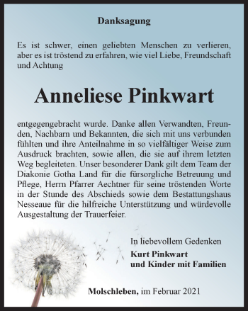 Traueranzeige von Anneliese Pinkwart von Thüringer Allgemeine, Thüringische Landeszeitung