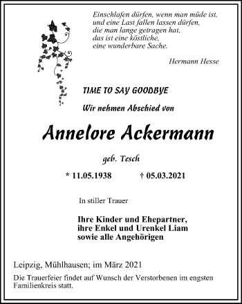 Traueranzeige von Annetore Ackermann von Thüringer Allgemeine, Thüringische Landeszeitung