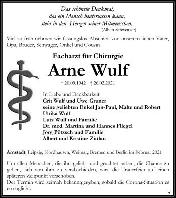 Traueranzeige von Arne Wulf von Thüringer Allgemeine