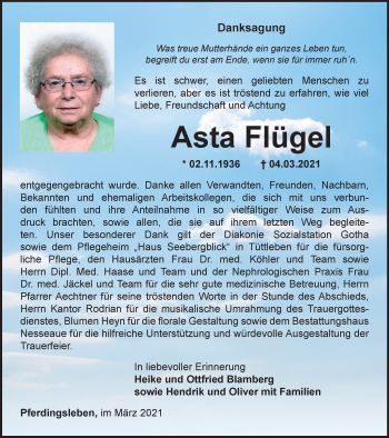 Traueranzeige von Asta Flügel von Thüringer Allgemeine, Thüringische Landeszeitung
