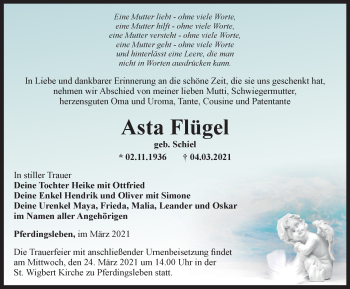 Traueranzeige von Asta Flügel von Thüringer Allgemeine, Thüringische Landeszeitung