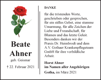 Traueranzeige von Beate Ahner von Thüringer Allgemeine, Thüringische Landeszeitung