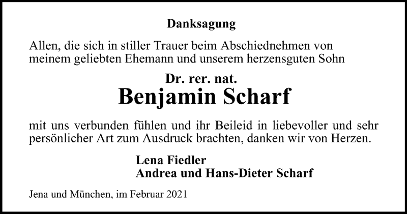  Traueranzeige für Benjamin Scharf vom 06.03.2021 aus Ostthüringer Zeitung, Thüringische Landeszeitung