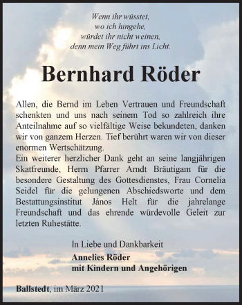 Traueranzeige von Bernhard Röder von Thüringer Allgemeine, Thüringische Landeszeitung