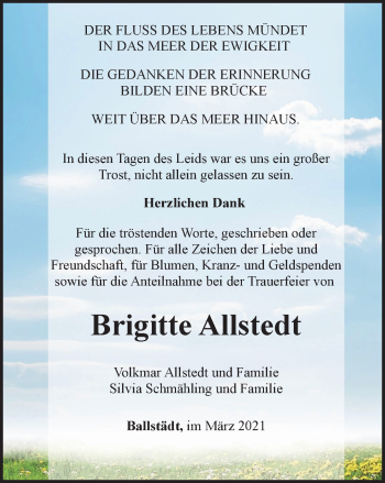 Traueranzeige von Brigitte Allstedt von Thüringer Allgemeine, Thüringische Landeszeitung