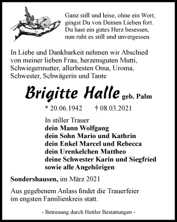 Traueranzeige von Brigitte Halle von Thüringer Allgemeine