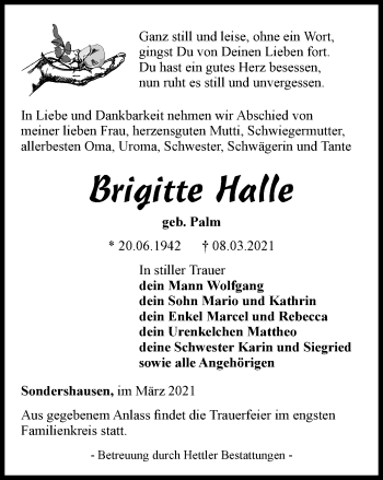 Traueranzeige von Brigitte Hatte von Thüringer Allgemeine