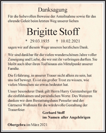 Traueranzeige von Brigitte Stoff von Thüringer Allgemeine