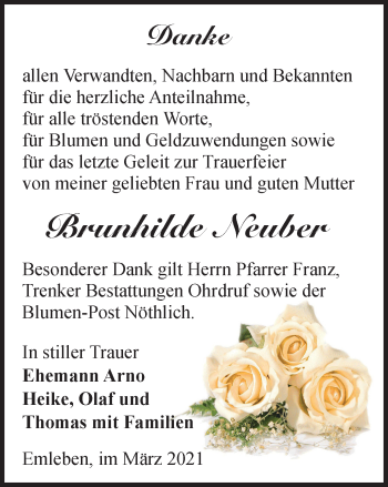 Traueranzeige von Brunhilde Neuber von Thüringer Allgemeine, Thüringische Landeszeitung