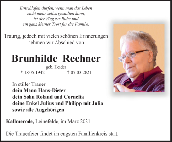 Traueranzeige von Brunhilde Rechner von Thüringer Allgemeine