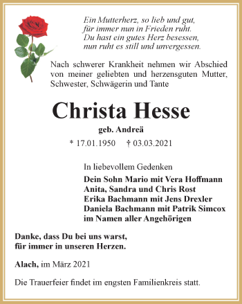 Traueranzeige von Christa Hesse von Thüringer Allgemeine, Thüringische Landeszeitung