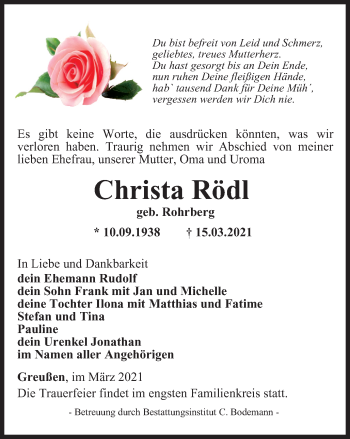 Traueranzeige von Christa Rödl