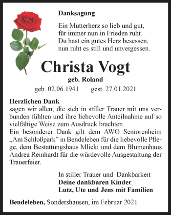 Traueranzeige von Christa Vogt von Thüringer Allgemeine