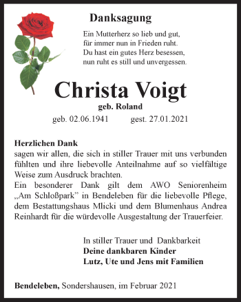 Traueranzeige von Christa Voigt von Thüringer Allgemeine