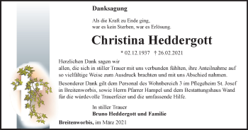 Traueranzeige von Christina Heddergott von Thüringer Allgemeine