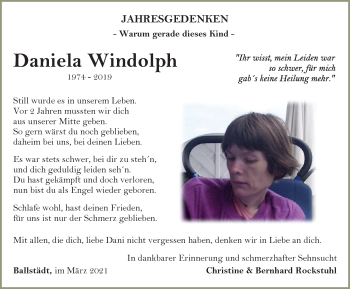 Traueranzeige von Daniela Windolph von Thüringer Allgemeine, Thüringische Landeszeitung