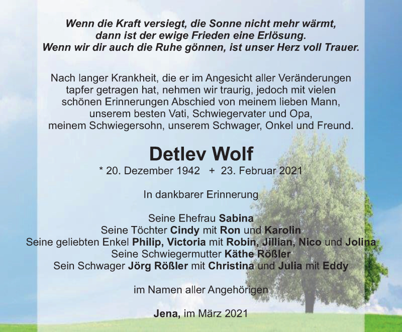  Traueranzeige für Detlev Wolf vom 06.03.2021 aus Ostthüringer Zeitung, Thüringische Landeszeitung