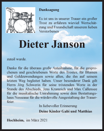 Traueranzeige von Dieter Janson von Thüringer Allgemeine, Thüringische Landeszeitung