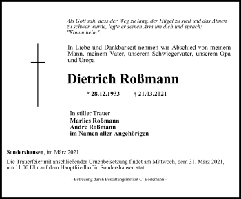 Traueranzeige von Dietrich Roßmann