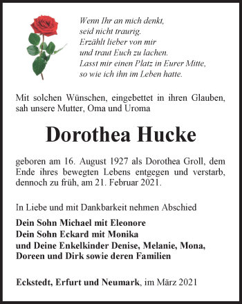 Traueranzeige von Dorothea Hucke von Thüringer Allgemeine, Thüringische Landeszeitung