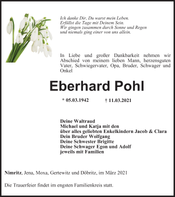 Traueranzeige von Eberhard Pohl von Ostthüringer Zeitung