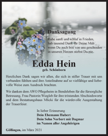 Traueranzeige von Edda Hein von Thüringer Allgemeine