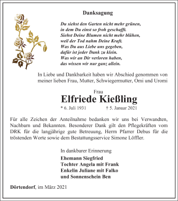 Traueranzeige von Elfriede Kießling von Ostthüringer Zeitung