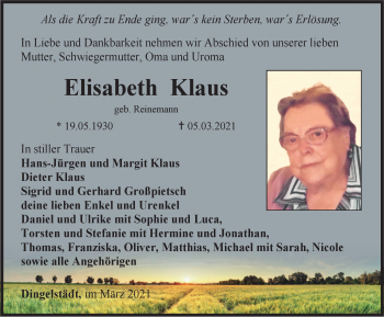 Traueranzeige von Elisabeth Klaus von Thüringer Allgemeine