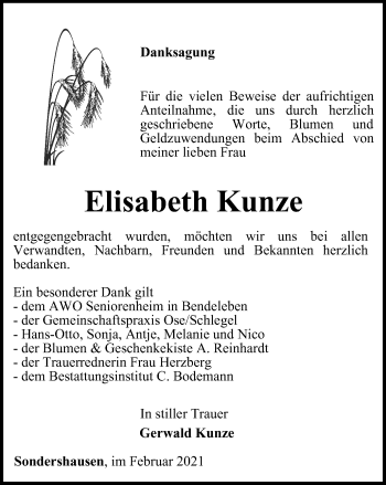 Traueranzeige von Elisabeth Kunze