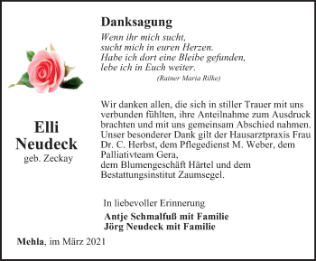 Traueranzeige von Elli Neudeck von Ostthüringer Zeitung