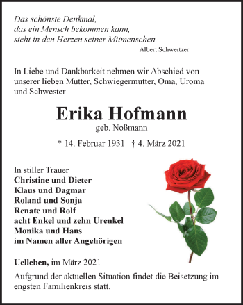 Traueranzeige von Erika Hofmann von Thüringer Allgemeine, Thüringische Landeszeitung