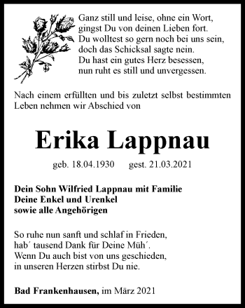 Traueranzeige von Erika Lappnau von Thüringer Allgemeine