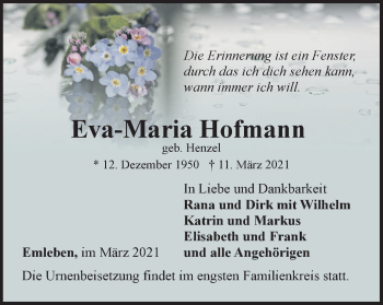 Traueranzeige von Eva-Maria Hofmann von Thüringer Allgemeine, Thüringische Landeszeitung