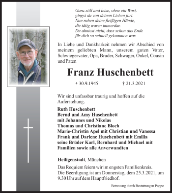 Traueranzeige von Franz Huschenbett von Thüringer Allgemeine